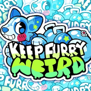 Puede incluir: Una pegatina troquelada que muestra un personaje animal azul de dibujos animados con ojos grandes y mejillas rosadas, sobre el texto en negrita "KEEP FURRY WEIRD" en verde lima y blanco, con un fondo que repite el mismo diseño.