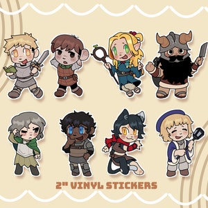 May include: Set of eight 2-inch vinyl stickers featuring cartoon characters in various poses. The characters are a knight, a wizard, a warrior, a cat, a bard, a dwarf, a ranger, and a rogue. The stickers are printed on high-quality vinyl and are perfect for adding a touch of whimsy to your laptop, water bottle, or planner.