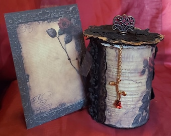 Handmade upcycled altered Gothic Tin Can with Lid, Feathers, Card and Necklace Gift Set