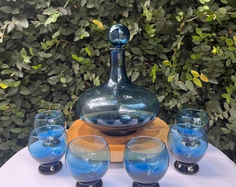 Vintage  Decanter and Glasses Mid Century Blue Glass
