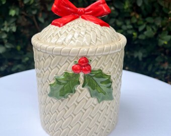 Otagiri Canister with Holly and Basket Weave Pattern