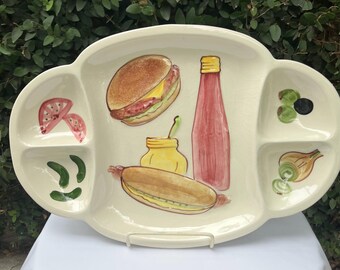 Los Angeles Pottery Serving Tray with Hot Dog and Hamburger Graphics