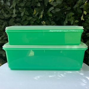 May include: Two green rectangular food storage containers with white lids are stacked on top of each other. The containers are made of a durable plastic material and are designed for storing food items. The background is a lush green foliage.