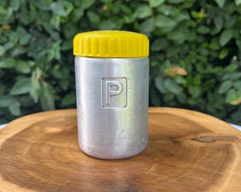 Vintage Aluminum Pepper Shaker with Yellow Lid