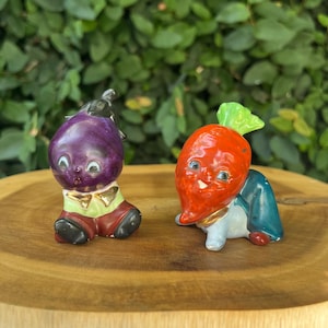 Anthropomorphic Salt and Pepper Shaker Set Eggplant and Carrot