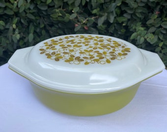 Vintage Pyrex Verde Casserole Dish with "Olive" design on lid