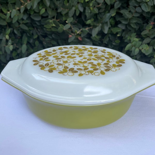 Vintage Pyrex Verde Casserole Dish with "Olive" design on lid