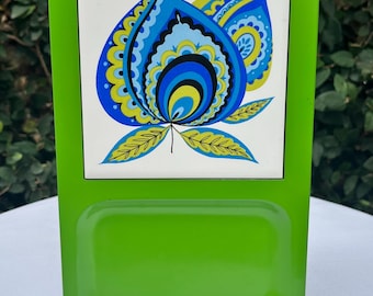 Snack Serving Tray in Bright Green with Blue Flower Power Design