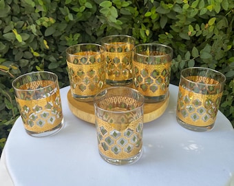 Culver Valencia Double Old Fashioned Drinking Glass 22K Gold and Green Set of 6