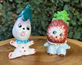 Anthropomorphic Salt and Pepper Shaker Set Eggplant and Pineapple