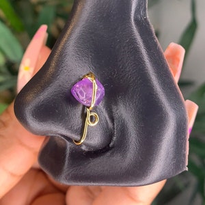 Amethyst Crystal nose cuff earth stone clip on non-piercing nose ring purple gold plated stainless steel tarnish resistant fake ring gift