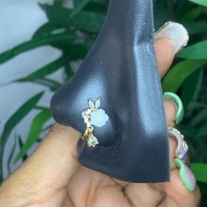 White Flower dangle nose cuff accessories clip on non-piercing nose ring gold plated stainless steel tarnish resistant zirconia fake ring