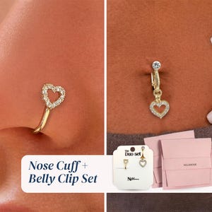 Heart nose cuff and clip on belly ring, Gold body jewelry set, navel nose ring tarnish resistant faux piercing, zirconia fake ring cute gift