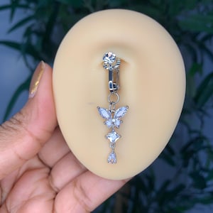 Piercing para el ombligo con forma de mariposa, piercing falso para el ombligo, piercing para el ombligo con clip, joyería de acero inoxidable con cierre, anillo falso de circonita resistente al deslustre.
