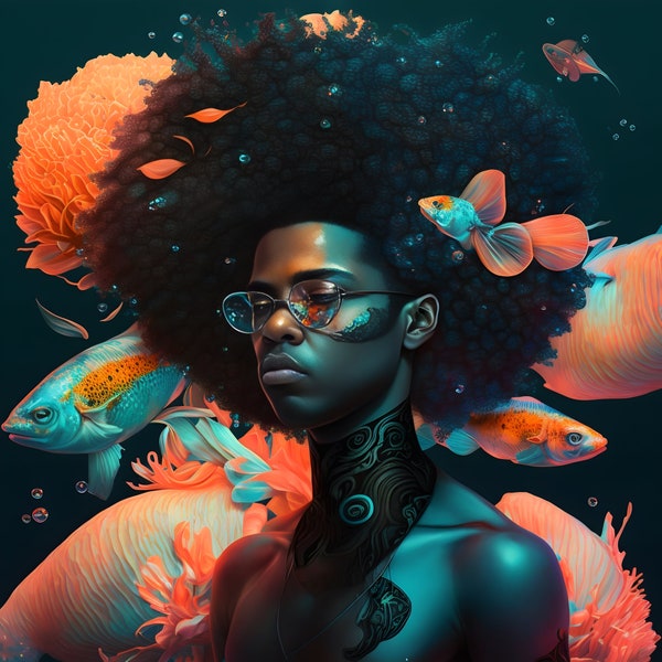 Merman Sees it All | Aesthetic Fantasy Afro-futurism Surrealism Whimsy Poster | Instant Digital Download Print