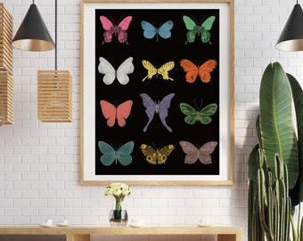 Butterflies minimalist art print - black, white, grey - digital download