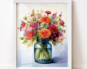 May include: A watercolor painting of a bouquet of colorful flowers in a blue mason jar. The flowers include red, orange, pink, and yellow gerbera daisies, as well as other smaller flowers. The jar is sitting on a light blue surface.
