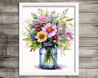 May include: A watercolor painting of a bouquet of colorful flowers in a blue glass jar. The flowers include pink, yellow, and purple blooms with green leaves.
