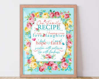 Family Recipe Farmhouse Floral Printed Wall Art Framed Poster Gift for Mom Farmhouse Wall Art Country Decor Pioneer Woman Decor Gift For Her