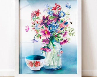 May include: A watercolor painting of a bouquet of pink, purple, and blue flowers in a clear glass jar. The flowers are arranged in a vase on a blue background. A small, white bowl with a floral pattern is in the foreground.