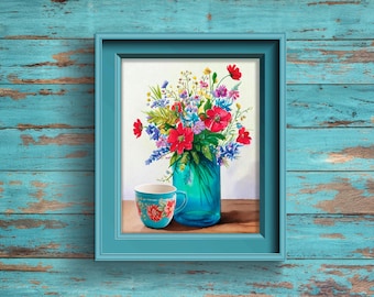 May include: A framed painting of a bouquet of red, pink, and blue wildflowers in a blue glass vase with a blue and red patterned teacup on a wooden table.