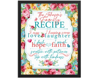 May include: A printable wall art design with a floral background and a white rectangle with the text "The Johnson's Family RECIPE 2 cups 1 heaping scoop love laughter 1 dash 1 pinch hope faith sweeten with patience top with kindness".
