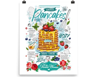 May include: A colourful illustration of a stack of pancakes with a recipe for homemade pancakes. The illustration includes blueberries, strawberries, mint, honey, and a whisk. The text reads "Homemade Pancakes Mix Recipe" and "The Pioneer Woman".