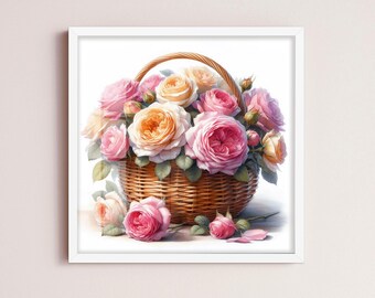 May include: A wicker basket overflowing with pink and peach roses. The basket is filled with a variety of roses, some with delicate petals and others with fuller blooms. The roses are arranged in a beautiful and natural way, creating a stunning display of color and texture.