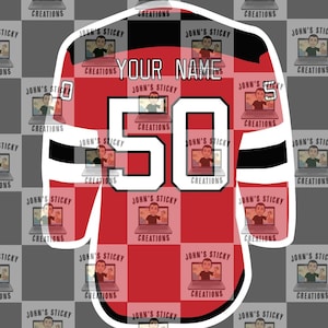 May include: Red and black jersey design with the number 50 in white. The jersey has the text "YOUR NAME" at the top. The background features a repeating pattern of a logo with the text "JOHN'S STICKY CREATIONS".
