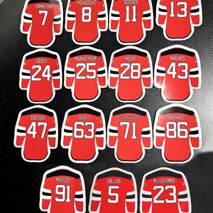 May include: A set of 12 red hockey jerseys with black and white trim. Each jersey has a different player's name and number on the back. The numbers range from 5 to 91.