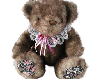 Vintage Li-Lo Teddy Bear / Soft Plush Toy - Brown Floral Fabric & Lace Detail
