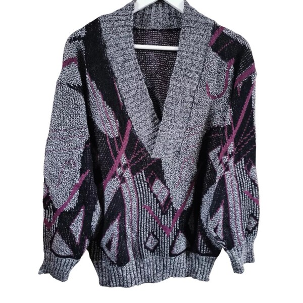 Vintage 80s 90s Cosby Style Jumper Sweater Large (46") - Grey & Purple Crazy Pattern.