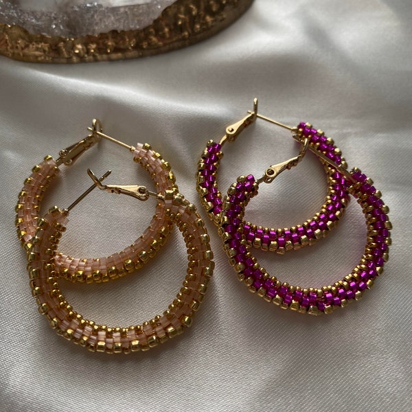 Miyuki Japanese Bead Hoop Earrings, Gold Plated Brass Base