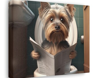 Funny Dog Canvas Wall Art - Funny Bathroom Art, Toilet Humor, Yorkshire Terrier Dog Art - Home Wall Art