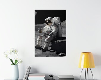 Astronauta en la luna con cartel espacial de arte de pared de cerveza, cartel de ciencia, arte espacial, collage espacial