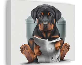 May include: A black and tan Rottweiler puppy sits on a white toilet with a newspaper in its paws. The puppy is looking at the camera with a serious expression.