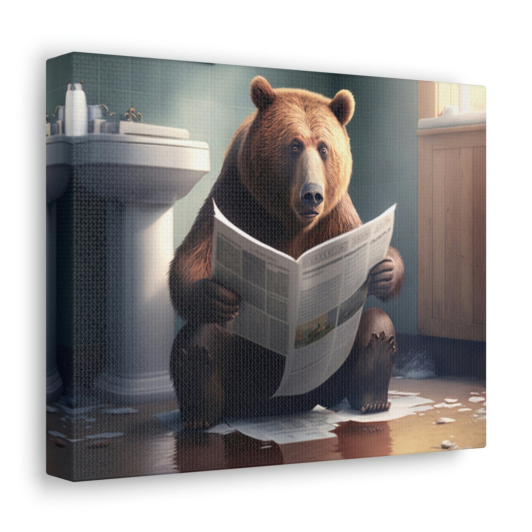 Bear Canvas Wall Art, Funny Bathroom Decor, Bear on Toilet, Funny Bear