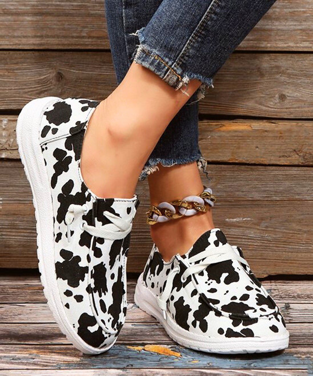 Cow Print Slip on Shoes, Cow Print Shoes for Women, Flat Laceup Slip