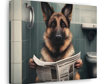 May include: A canvas print featuring a German Shepherd dog in a bathroom, reading a newspaper. The dog has brown and black fur and is sitting on a toilet. The bathroom has teal-colored tile walls and a white toilet and paper holder.