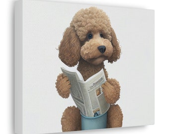 May include: A brown poodle dog sitting on a blue bucket, reading a newspaper with the headline "The Southwestern".