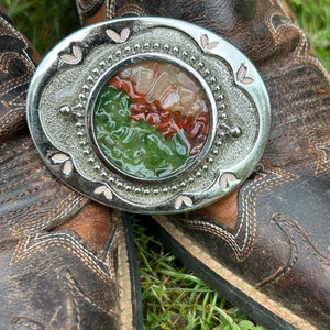 Pink Moonstone, Jasper, and Nephrite Adult Silver Belt Buckle with Pink Inlay