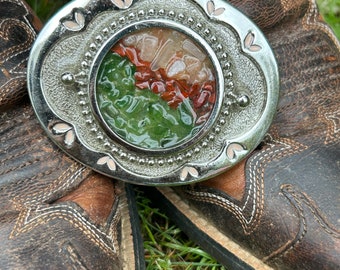 Pink Moonstone, Jasper, and Nephrite Adult Silver Belt Buckle with Pink Inlay