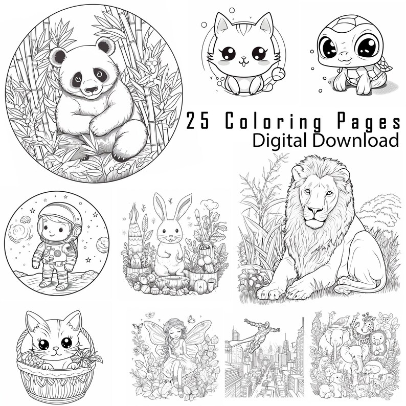 25 Coloring Bundle Page Printable Variety Animal Cute Coloring