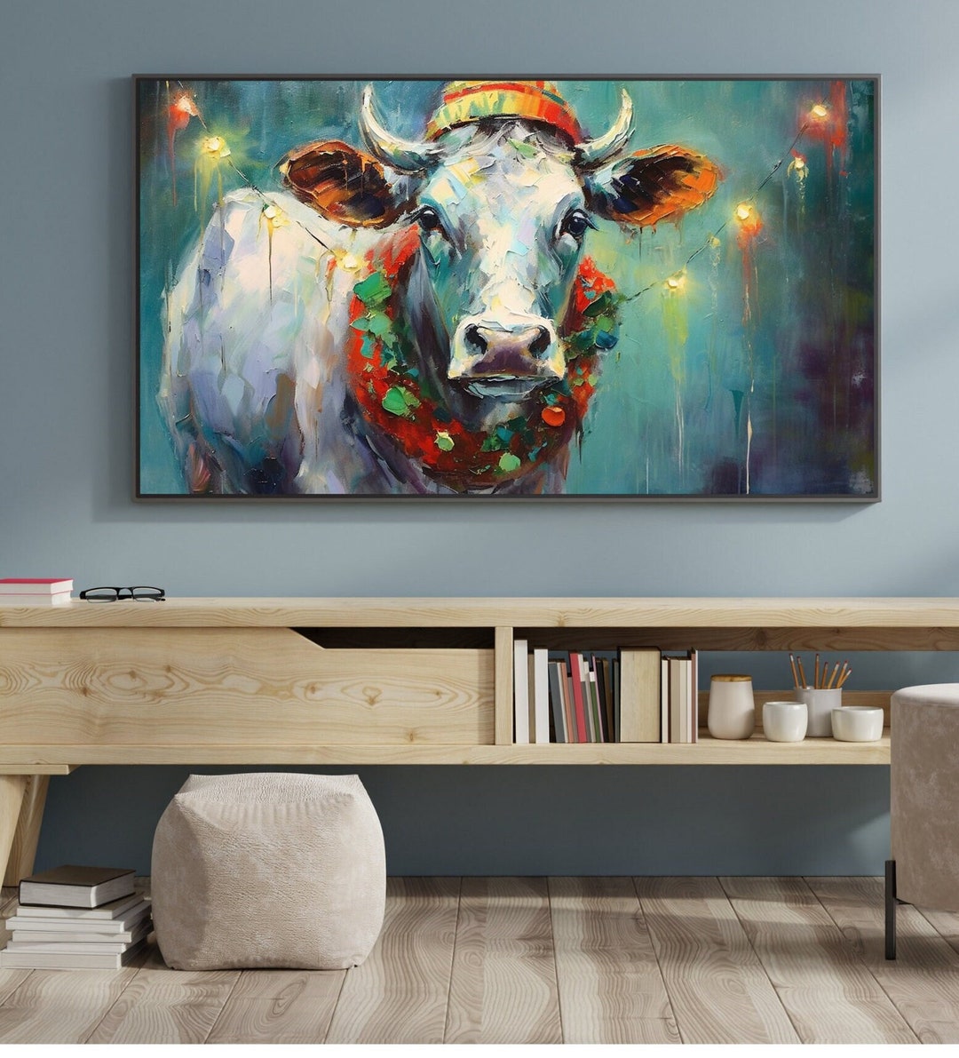 Frame TV Art, Stunning Cow Christmas Painting, Snowy Scene, Cow Holiday ...