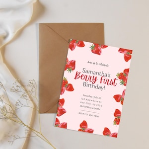 Invitación editable para primer cumpleaños de bayas / Invitación para primer cumpleaños de niña fresa / Plantilla Canva / Fiesta de frutas de verano imprimible