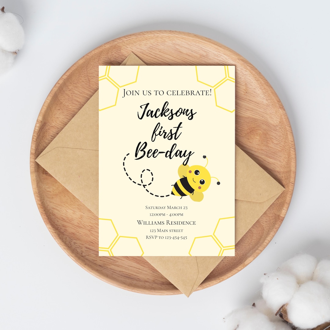 Editable First Bee-day Invitation | Bumble Bee 1st Birthday Template ...