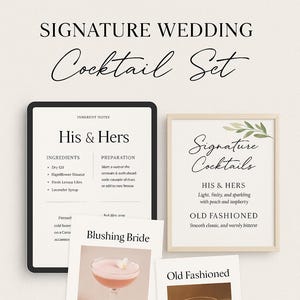 Ensemble de menu cocktail signature de mariage - Panneau de boisson imprimable et modifiable - Modèle Canva pour menu de bar - Téléchargement instantané au format PDF