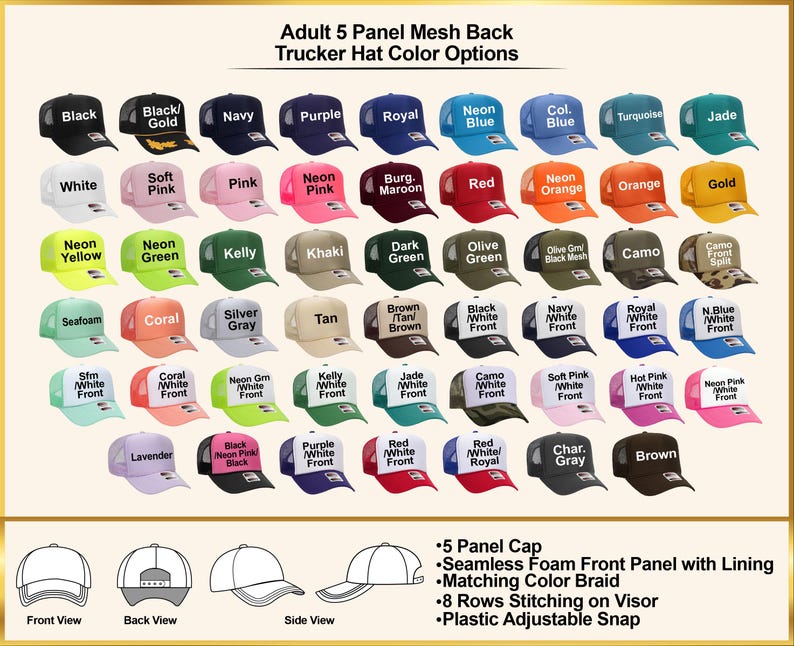 May include: A display of adult 5-panel mesh back trucker hats in various colors, including black, navy, purple, and neon blue. The hats feature a seamless foam front panel, matching color braid, and an adjustable snap closure. The image also shows front, back, and side views.