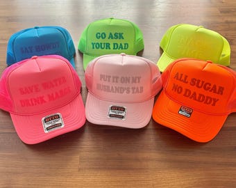 Girls Camping Custom Puff Print Trucker Hat, Girls Vacation Custom Hat, Girls Trip Custom Caps, Neon Party Hats