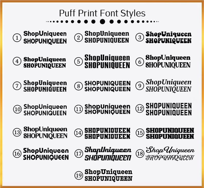 May include: A graphic showing 19 different font styles for the text "ShopUniqueen" and "SHOPUNIQUEEN". The font styles are numbered 1 through 19.